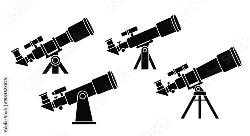 Four telescope designs in black showcasing detailed astronomical equipment silhouette