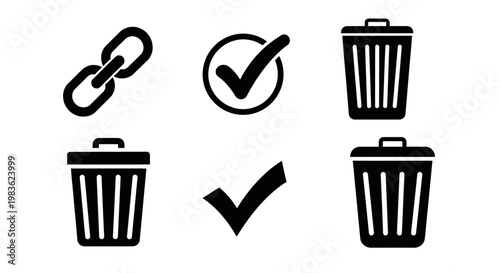 Black icons of trash cans and checkmarks.