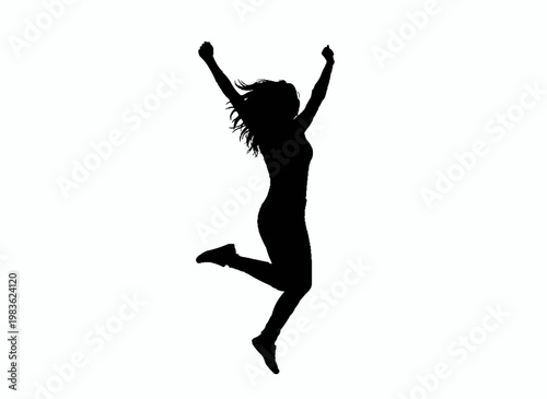 Joyful silhouette: a woman silhouette soars through the air, celebrating a personal victory with uplifted arms. 