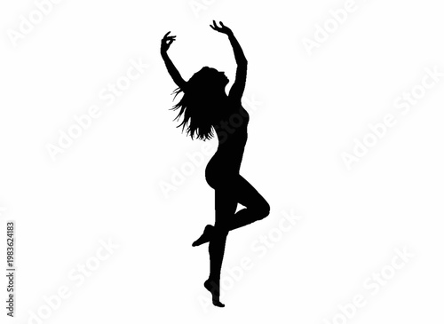 Silhouette of Dancing Grace: A graceful female dancer silhouette is captured mid-movement, arms raised in a gesture of effortless expression and artistic beauty.
