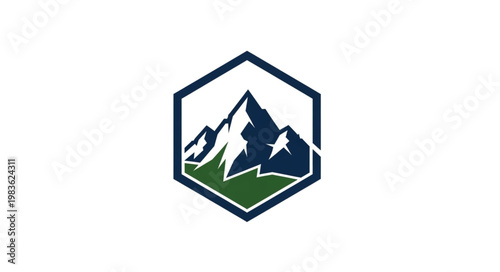 Hexagonal mountain badge logo with stylized peaks.
