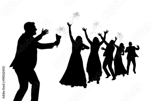 Silhouette Celebration: A silhouetted group joyfully celebrate, tossing sparks into the air, symbolizing the start of new beginnings and joyous events.