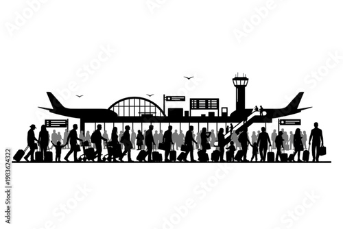 Airport Departure: Passengers navigate an airport terminal, showcasing a silhouette of bustling travel and human activity, symbolizing the journey.