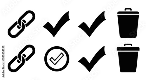 Black icons of check marks and links.