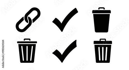 Black icons of link, checks, and trash cans.