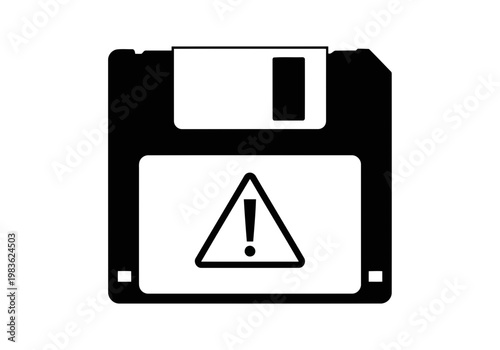A important black and white illustration of a floppy disk silhouette with warning sign silhouette on label