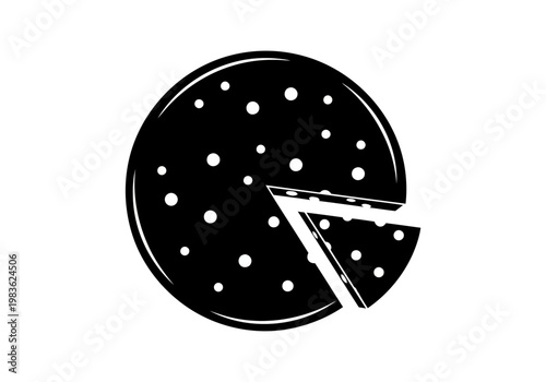 A really tasty black pizza icon silhouette with one slice cutting out silhouette