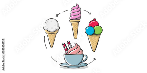 Colorful illustration of desserts and coffee.