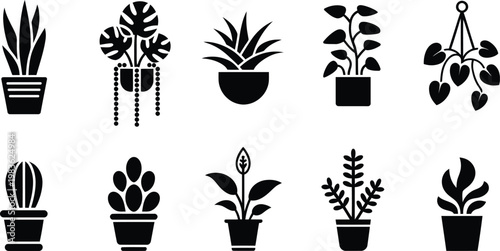Black houseplant silhouette icon set. Indoor potted plants, succulents, and decorative home greenery - stock vector