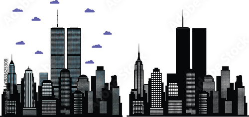 Vector illustration of New York City skyline featuring Twin Towers and Empire State Building in flat and silhouette style