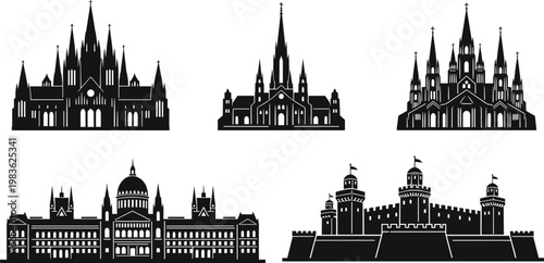 Vector set of gothic cathedral and medieval castle silhouettes featuring historical church monuments and royal fortress icons for architectural design