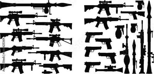 Vector set of military weapon silhouettes including rocket launchers assault rifles handguns and grenades for tactical warfare and security design