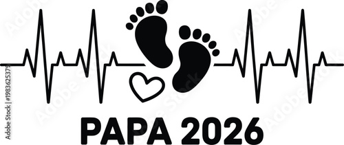 Father’s Day announcement, illustration, papa 2026 typography design with a heartbeat line and baby footprints symbolizing love family bond and celebration.