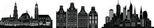 Vector set of European city silhouettes featuring Dutch canal houses historical cathedral monuments and modern urban skyscraper skyline for travel design