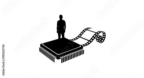 A man stands on a microchip with film strip.