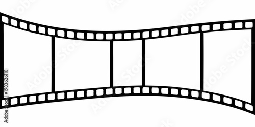 A black and white illustration of a curved film strip with perforations