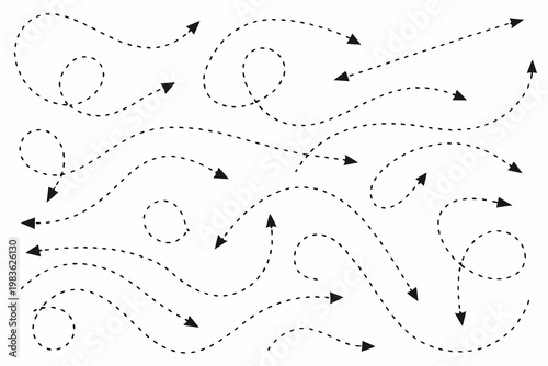 Fotografia Abstract swirling lines with arrows pointing in various directions on white