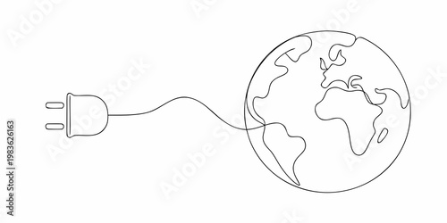 A continuous line drawing depicting a plug powering the earth