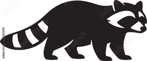 Black silhouette of a raccoon with striped tail, flat design vector illustration