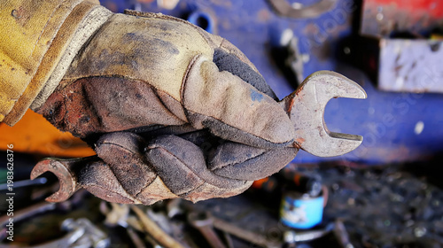 Dirty Work Glove Holding Wrench in Workshop