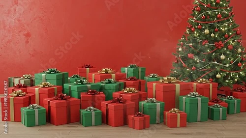 A festive Christmas tree stands next to a large pile of wrapped red and green gifts on a wooden floor, against a vibrant red wall.