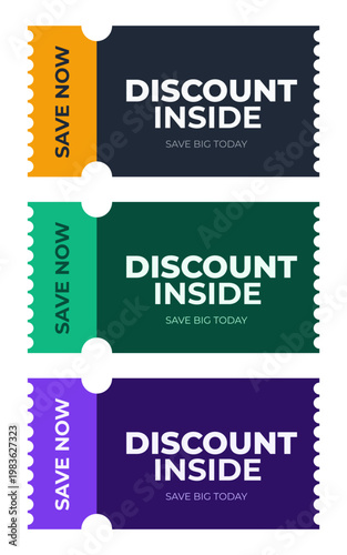 Promotional discount inside coupon set for special offers and retail shopping