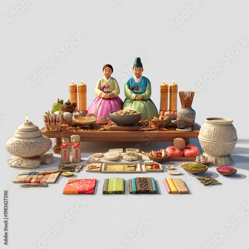 A collection of ancestral offerings including food candles and incense arranged on a wooden table for a spiritual ceremony
