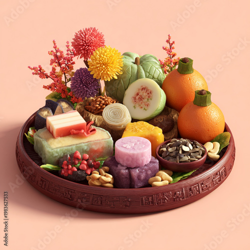 Festive platter of traditional sweets fruits and flowers with nuts and seeds on a wooden tray