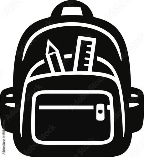 Black silhouette school backpack with pencil and ruler in simple flat style. Education and school supplies icon isolated on a light background.