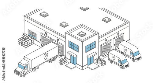 Isometric view of a warehouse with delivery trucks.