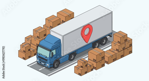 Delivery truck with cardboard boxes on road.