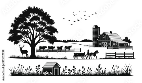 A detailed black and white illustration depicts a rural landscape with a barn grazing cows and a rider in a carriage silhouette high quality
