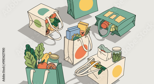 Reusable shopping bags with fresh produce.