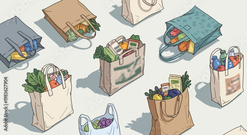 Reusable shopping bags with fresh groceries.