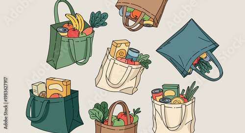 Reusable shopping bags with fresh groceries.