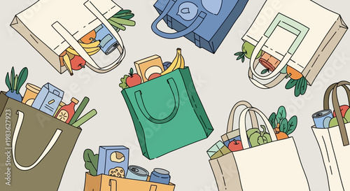 Reusable shopping bags with groceries.