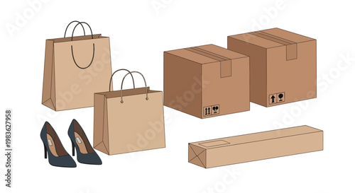 Brown paper bags and cardboard boxes with high heels.
