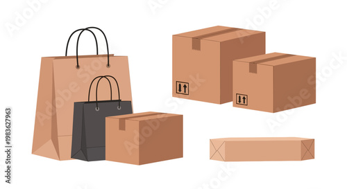 Brown paper bags and cardboard boxes.