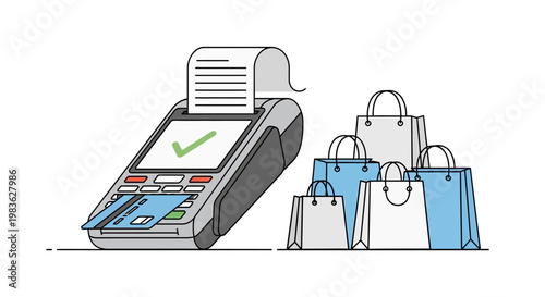 Shopping checkout process with bags.