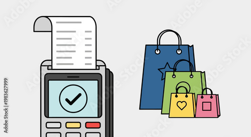 Payment terminal with shopping bags illustration.