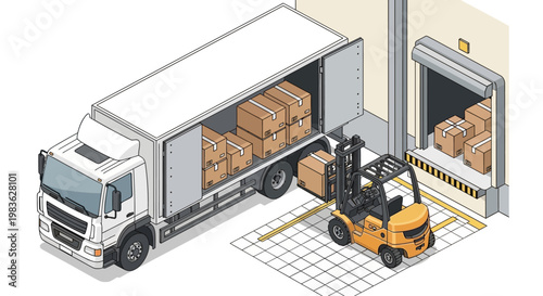 Forklift loading cargo into a truck.