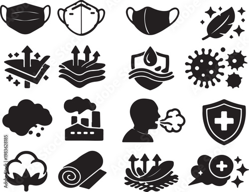 Collection of healthcare and protection icons: masks, lungs, virus, shield, factory, cotton, fabric, vector illustration