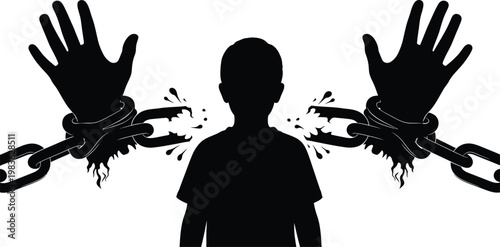 A child constrained by mysterious, grasping hands and chains in a haunting silhouette.