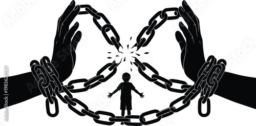 A solitary figure trapped within an unbreakable chain barrier formed by unseen hands.