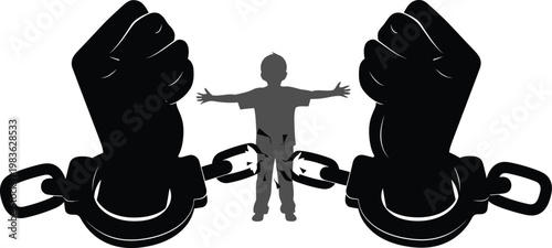 A person trapped between two giant hands in handcuffs.