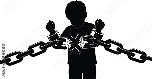 A child breaking free from heavy restraints with clenched fists symbolizing liberation