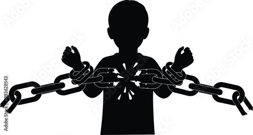 A silhouette of a person bound by chains across their arms and waist.