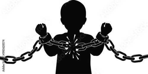 Silhouette of a person restrained by heavy chains around wrists and waist