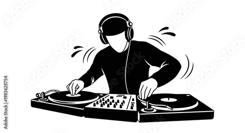 DJ mixing music on turntables with headphones.