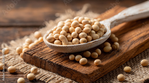 A rustic wooden spoon overflows with golden soybeans resting on a textured cutting board surrounded by scattered beans on burlap